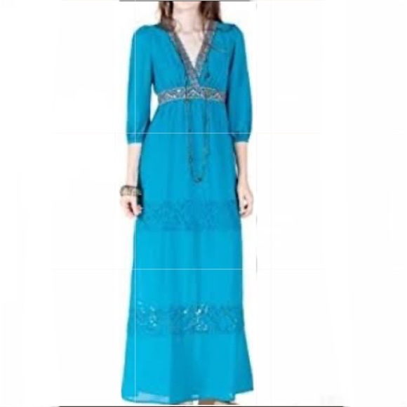 Flying Tomato Turquoise “70’s” Bohemian Aztec V-Neck Native Maxi Dress Size S - Picture 1 of 15